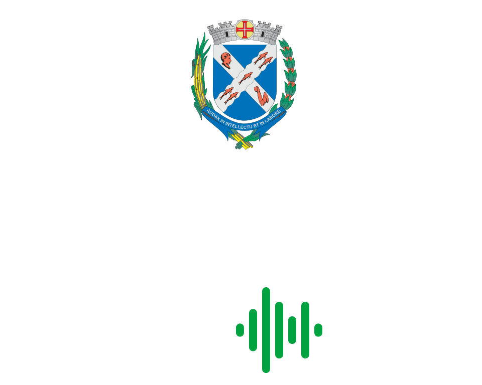 Logotipo da prefeitura de Piracicaba. Em letras vermelhas: 'Prefeitura de'. Logo abaixo, em caracteres azuis: 'Piracicaba. Trabalho sério'.Acima, está o brasão da cidade, descrito em uma das faixas do roteiro 'Conheça o Engenho Central'. 